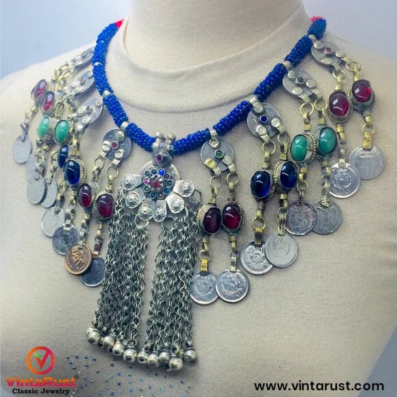Dangling Coins and Stone Necklace, Beaded Necklace With Vintage Coins - Picture 2 of 7
